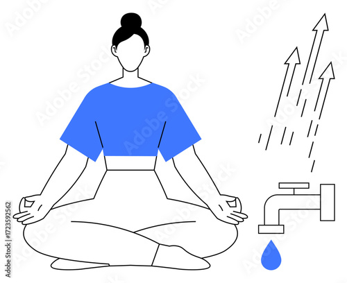 Calm woman in yoga lotus pose with water tap and upward arrows symbolizing mindfulness, flow, and self-growth. Ideal for wellness, meditation, relaxation, ecology, balance, focus simple flat