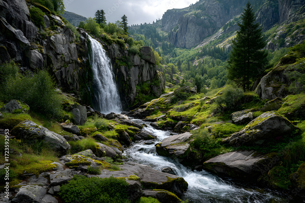 Fototapeta premium Mountain waterfall with wild water rushing over rocks and green moss, perfect for nature and outdoor photography.