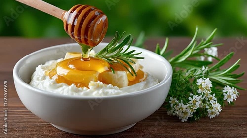 Golden Honey Cascade: A wooden honey dipper delicately pours liquid gold over a creamy, white bowl of ricotta cheese, garnished with fresh rosemary, creating a visually stunning food scene.