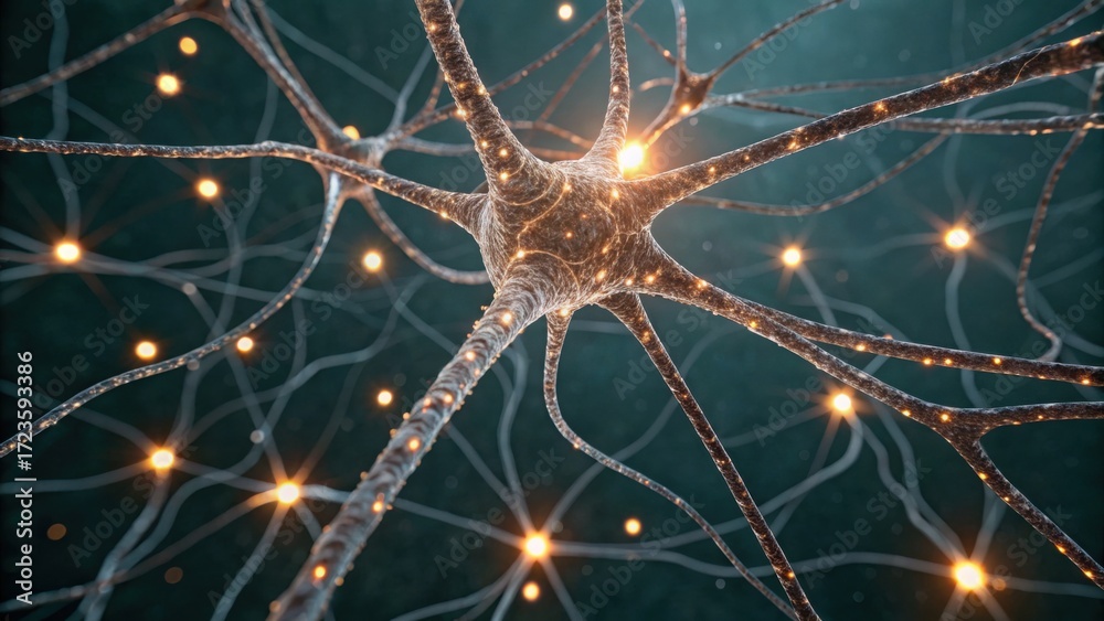 Fototapeta premium A close-up view of a neuron network, showcasing intricate dendrites and glowing synapses, representing the complexity of neural connections.