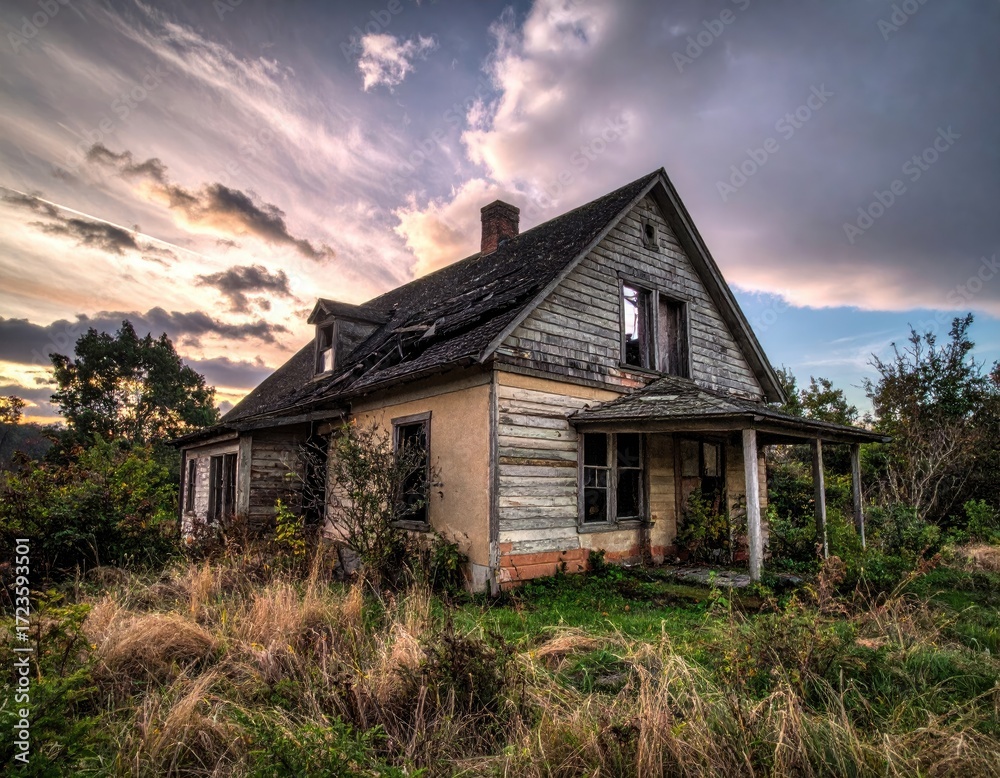 Obraz premium Rustic House with Peeling Paint Under Dramatic Cloudy Sky at Sunset in Rural Landscape