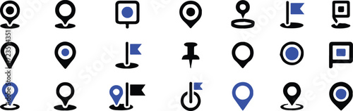 geolocation pin icon set vector ai eps jpeg png with 21 modern black and blue map markers for web and app interfaces