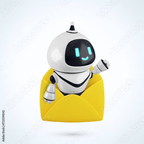 Vector cartoon 3d AI email personal assistant. Realistic 3d render robot character in postal envelope. Artificial intelligence task management, chat bot mail automation, cybersecurity service concept.