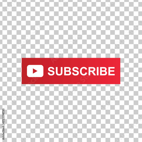 Red subscribe button with play icon for social media channel isolated on transparent background
