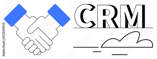 Handshake symbolizing partnership, CRM text with cloud motif expressing digital tools for management and collaboration. Ideal for business, technology, teamwork, networking, customer care