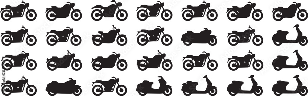 Obraz premium motorcycle and scooter silhouettes vector grid set of 28 labeled transportation icons