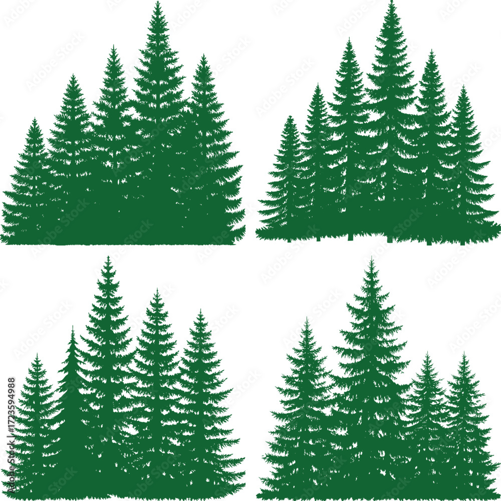 Obraz premium Green silhouettes of evergreen pine trees in a forest