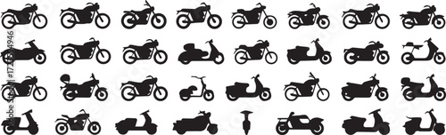 transportation icon pack 32 motorcycle scooter silhouettes vector illustration set
