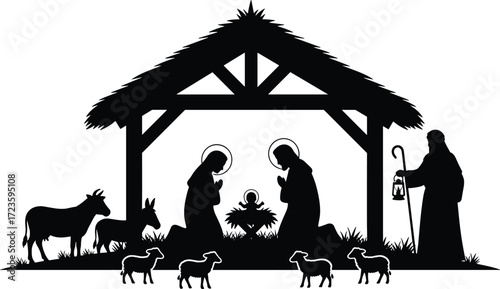 Nativity silhouette scene, black and white Christmas illustration, baby Jesus in manger, Mary and Joseph, shepherd, animals, stable, holy night, religious holiday vector art