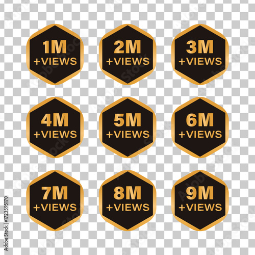Collection of golden hexagon icons displaying views count from 1 million to 9 million on transparent background