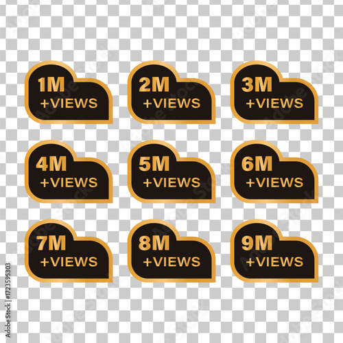 Set of stylish gold and black badges indicating views count from 1 million to 9 million views