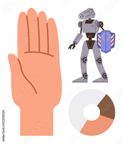 Raised hand, robot holding shield, segmented pie chart. Ideal for technology, AI, robotics, security, data analysis teamwork human-machine relationships. Simple flat metaphor