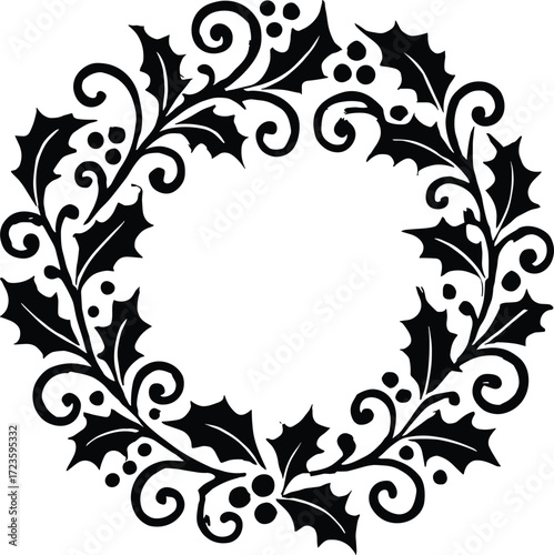 Christmas holly wreath illustration, festive holiday decoration, winter greenery design, red berries and leaves, circular ornament, seasonal vector art, traditional Christmas frame