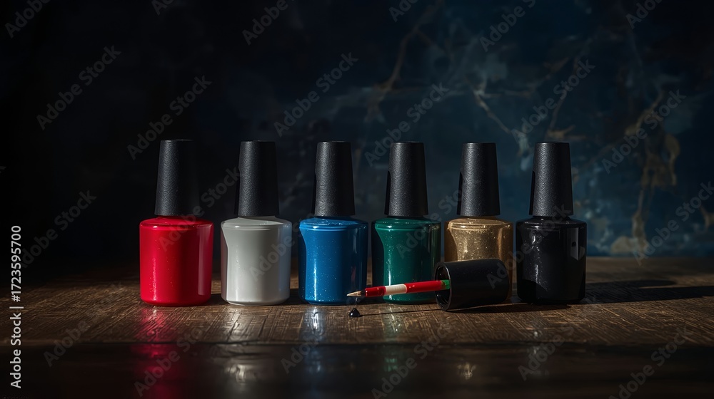 Fototapeta premium Elegant composition featuring an open nail polish bottle, a drop of polish dripping onto the wooden surface. The cap with brush lies beside the bottle