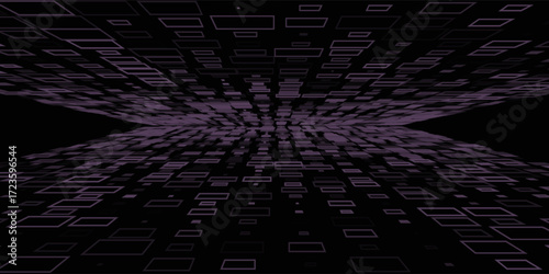 Glowing neon purple wireframe background. Shining checkered grid planes in perspective. Bright retro futuristic horizon wallpaper. Arcade game sci fi matrix surface. Vector backdrop for poster, banner