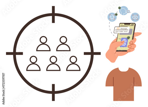 Group of people in crosshairs, hand holding mobile phone with chat and globe icons, showing user targeting, communication, and geolocation. Ideal for marketing, analytics, strategy, advertising