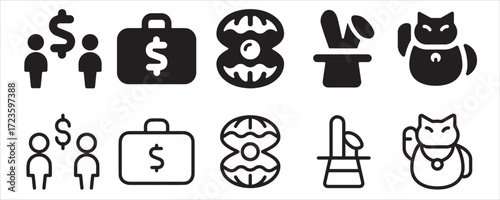 Outline icons of business, wealth, magic and luck isolated on white background