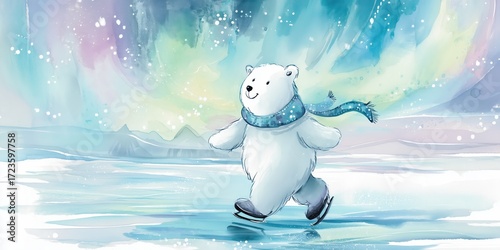 Watercolor Illustration of a Cute Polar Bear Ice Skating Under the Northern Lights, Winter Scene with Scarf, Ice Skates, and Snowflakes, Children's