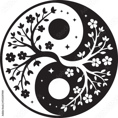 Yin Yang Symbol with Tree of Life Silhouette Harmony and Balance in Nature's Duality Concept