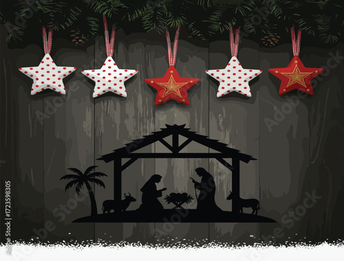 Christmas nativity silhouette with ornaments, pine branch border, baby Jesus in manger, festive decorations, wooden background, holiday scene, religious vector art, seasonal design