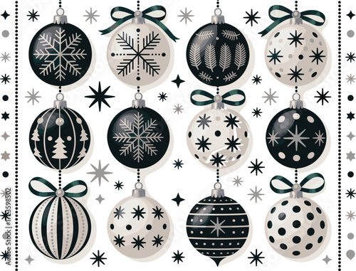 Christmas ornament set, black white silver festive design, decorative holiday baubles with green bows, seasonal vector illustration, elegant hanging decorations, winter clipart art