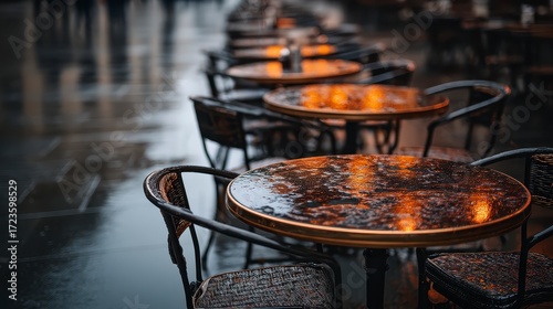 Street cafe tables after rain with reflection