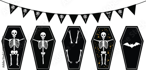 Spooky and Funny Skeletons in Coffins with Party Bunting, Halloween Icon Set for Spooky Decorations