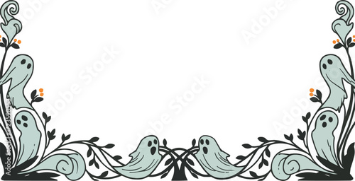 Spooky Ghosts in Antique Halloween Border Frame with Intricate Ornamental Style