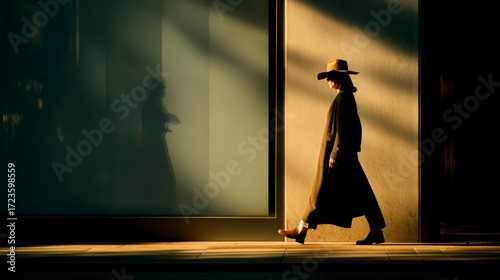 Street silhouette of woman walking with hat, 