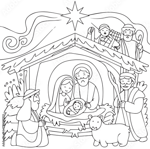 Nativity Scene coloring page design, black and white.