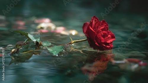 Surreal red rose floating in crystal-clear water with reflections