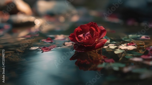 Surreal red rose floating in crystal-clear water with reflections