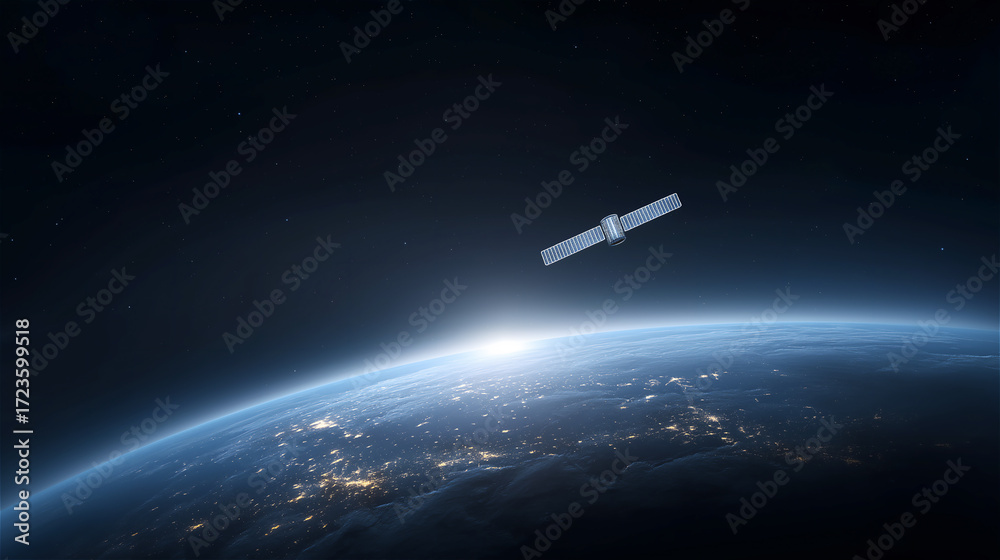 Fototapeta premium Satellite above Earth horizon with illuminated cities at night, symbolizing global communication, exploration, science and modern technology, copy space.
