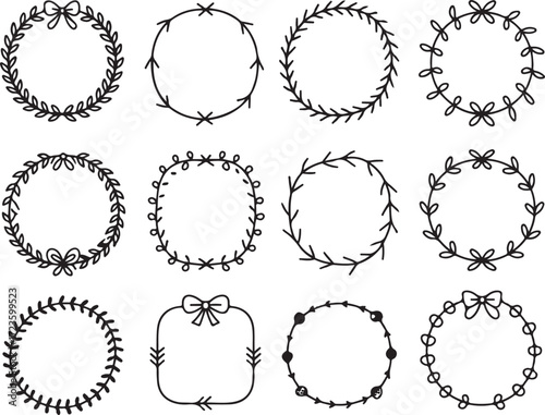 Assorted Hand Drawn Wreath Frames Vector Set for Rustic Invitations and Natural Decoration