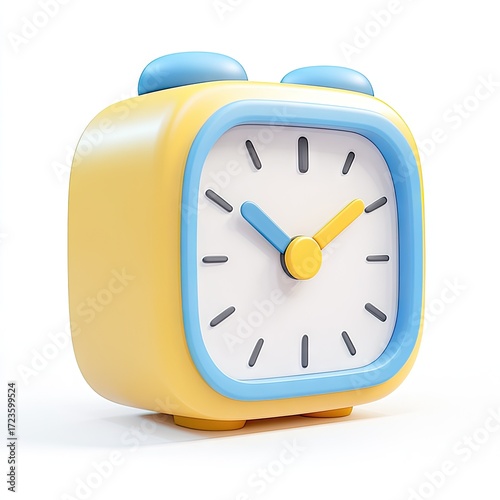 Cute, cartoonish, yellow alarm clock with light blue accents