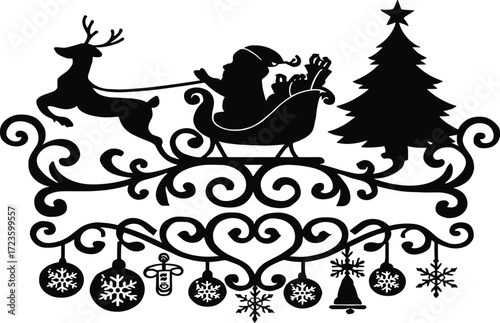 Santa sleigh silhouette, Christmas reindeer and tree design, festive swirl ornament illustration, holiday hanging decorations vector, black and white seasonal clipart art