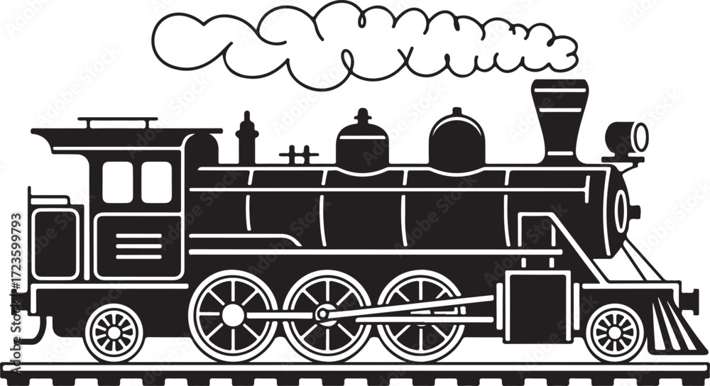 Naklejka premium Detailed Silhouette of a Classic Steam Train on Tracks with Smoke Against a Transparent Backdrop