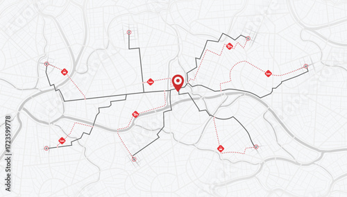 Closed turns of the route., district, road. Detailed view city. City navigation, GPS map. Vector Illustrations of Urban districts. landmarks. City top view. Red Sign