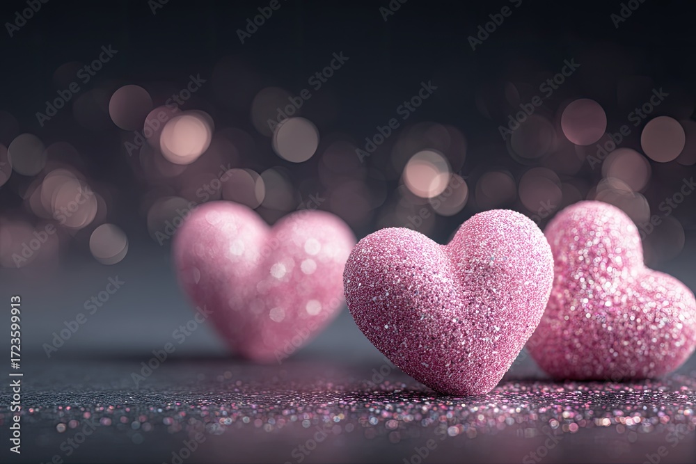 Obraz premium Pink glitter hearts on dark background with bokeh