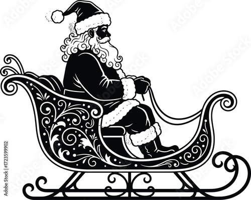 Vintage Santa Claus in Sleigh, Black and White Christmas Illustration, Holiday Season Art, Festive Winter Scene, Decorative Line Drawing, Traditional Holiday Vector