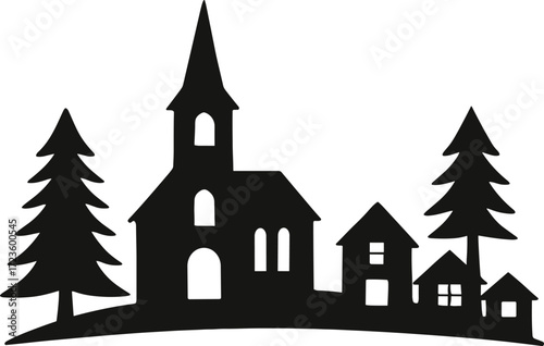 Black silhouette village scene, church with steeple, evergreen trees, pitched roof houses, curved hill landscape, cozy winter illustration, festive holiday vector, minimal design