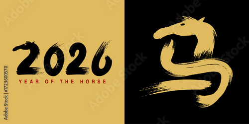 2026 Horse Chinese New Year Card Template. Vector Icon. Hand Drawn Brush Style. Zodiac symbol. Chinese Calligraphy Translation: Horse. Gold and Black Colors.