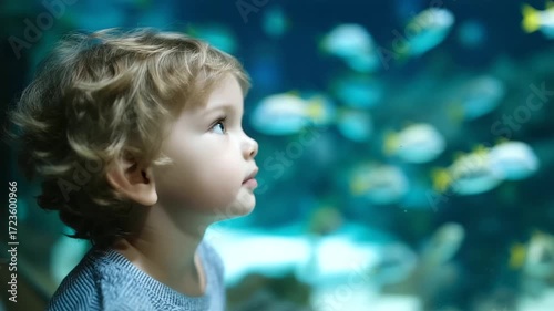 AI Cute boy watches fishes in aquarium, child standing in front of large fish tank, marine life observation, fascinated kid at aquarium exhibit, underwater world