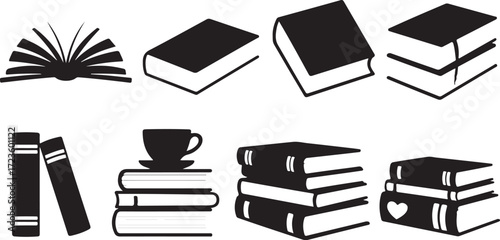 Collection of Book Icons Depicting Reading and Knowledge with Various Styles and Arrangements on Transparent Backdrop