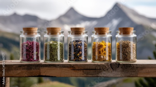 Apothecary Jars Dried Herbs Flowers Colorful Assortment Glass Bottles Cork Lids on Wooden Shelf Against Blurred Mountain Landscape Background Natural Remedies