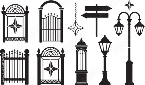Elegant Ornamental Ironwork Collection Ornate Gate and Lamp Post Silhouettes for Architectural Elements