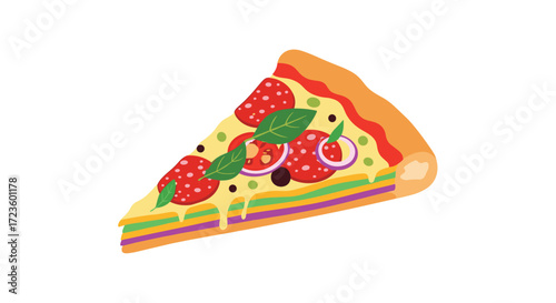 Delicious slice of pepperoni pizza with fresh toppings and melted cheese.