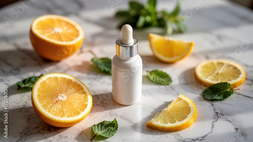 Natural Skincare Mockup White Dropper Bottle Fresh Lemon Slices Mint Leaves on Marble Countertop Bright Sunlight Shadows Cosmetic Serum Essential Oil