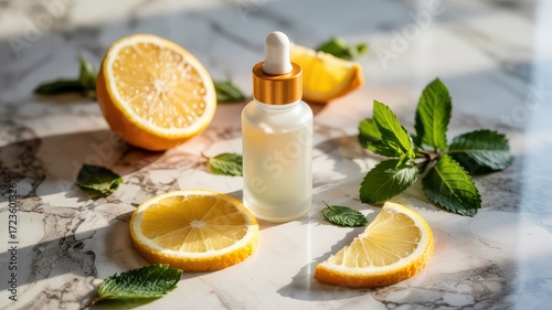 Vitamin C Serum Mockup Frosted White Glass Dropper Bottle with Fresh Lemon Slices Mint Leaves on Marble Surface Sunlight Shadows Skincare Product