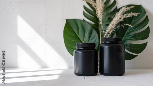 Modern Supplement Cosmetic Mockup Two Matte Black Jars Bottles Different Sizes Monstera Leaf Pampas Grass Shadows on White Textured Wall Background